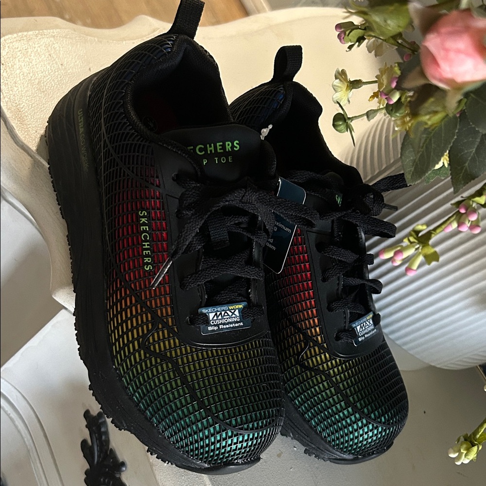 Skechers women safety shoes Black and Rainbow Sneakers